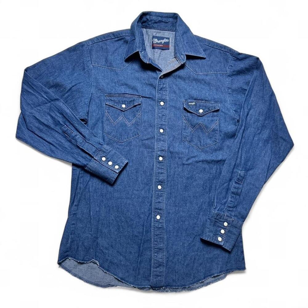 Wrangler Vintage 80s Western Shirts Pearl Snap Denim Western Long Sleeve Shirt M